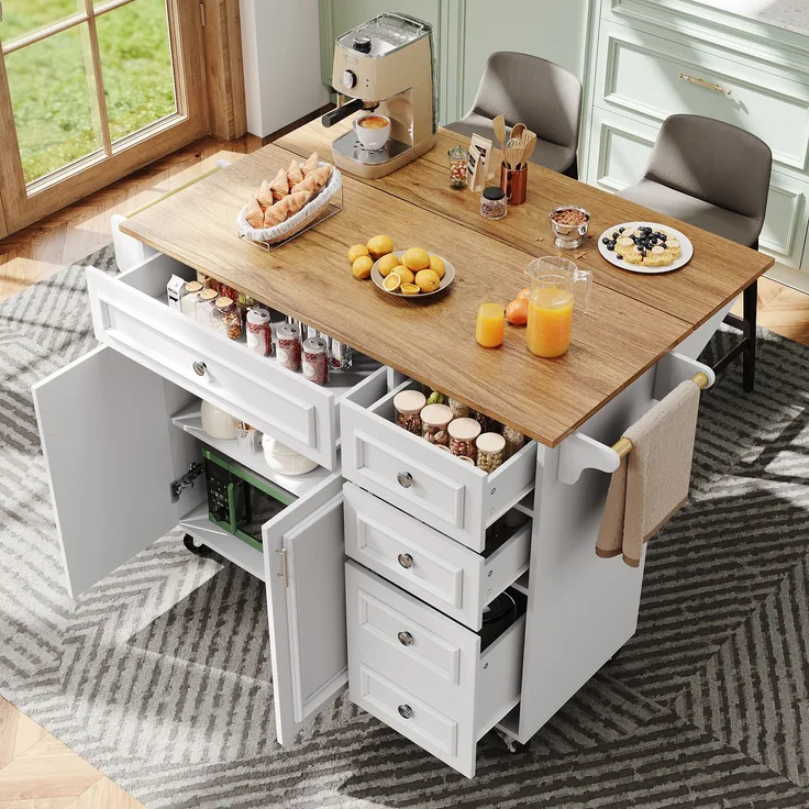 Kücheninsel, Modernes Küchensiland, Küchenschrank, Abnehmbare Servierwagen buffetschrank, Speisewagen mit Vintage-Muster, buffetschrank, Multifunktionale Esstisch mit Speicherraum, weiß, 110×45-75×92cm