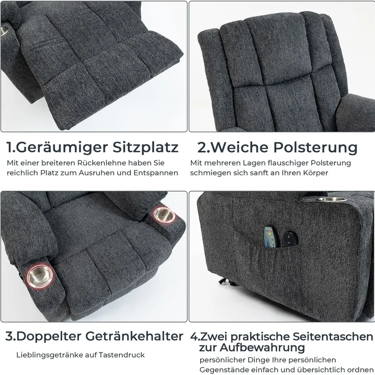 Massagesessel aus Samt mit Aufstehhilfe, Wärme- und Vibrationsfunktion, 91x84x106 cm, Dunkelgrau – Bild 9