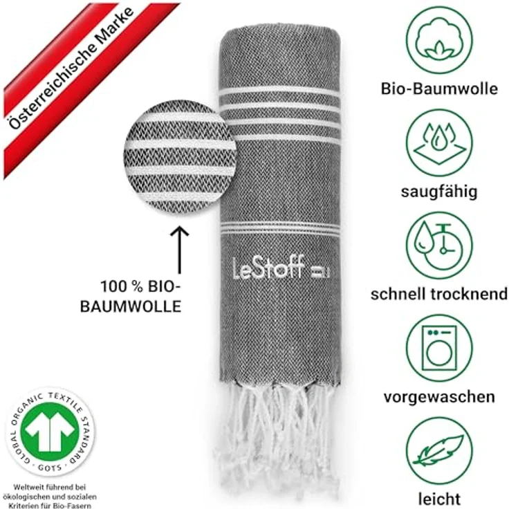 LeStoff Hamamtuch - 100% Bio-Baumwolle, 95 x 180 cm, Schnelltrocknend, Saugstark, Leicht, Campinghandtuch, Reisehandtuch, Badetuch groß (Schwarz) – Bild 3