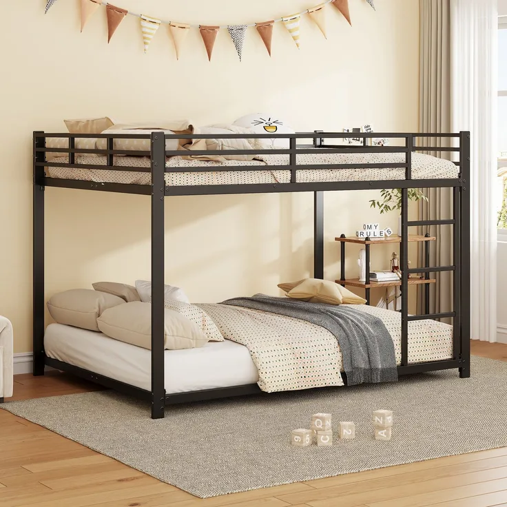 Metall Etagenbett 140x200 cm für Kinder, stabiler Doppelstockbett Rahmen mit Sicherheitsgeländer, platzsparend Schwarz
