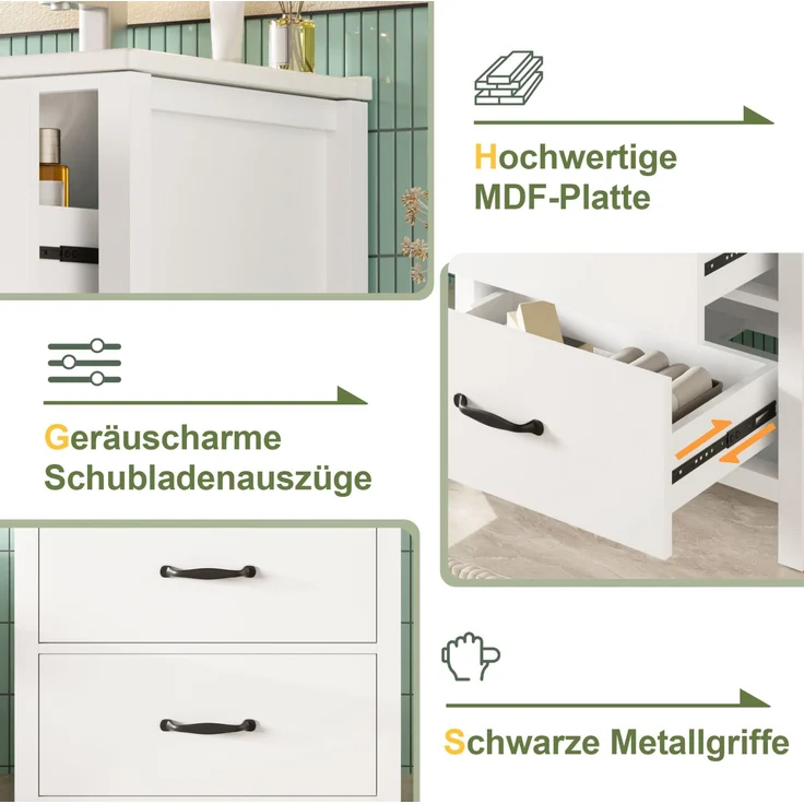 Waschtisch 61 x 47 x 83 cm mit Keramikbecken und drei Schubladen, Weiß – Bild 7