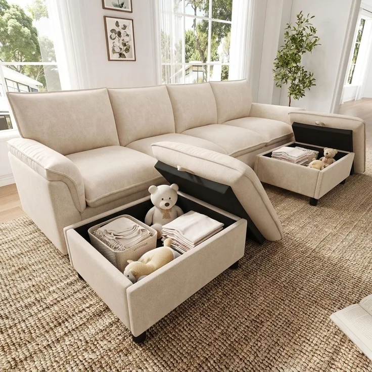 ZUBALIYA Modulare Wohnlandschaft, mit Stauraum, modular kombinierbar, mit Hocker, H 84 × T 142.5 × B 264.5 cm, Beige, Chenille