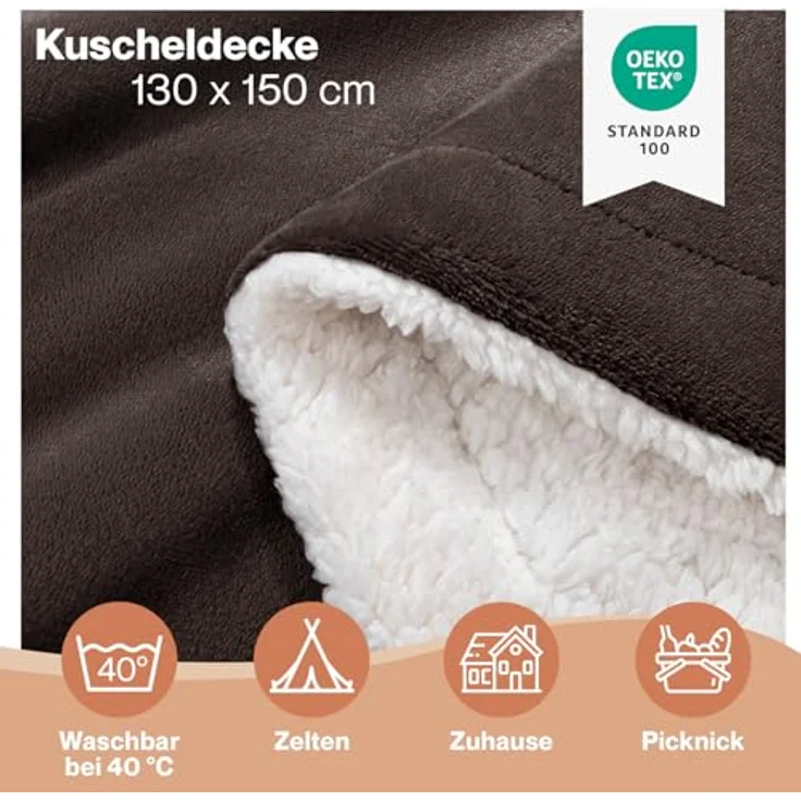 Blumtal Premium Sherpa Kuscheldecke flauschig - Wohndecke Kuscheldecke 130x150 cm - OEKO-TEX zertifizierte Fleecedecke 130x150 cm - Wohn- & Kuscheldecke - Wohndecke 130x150 - Plüschdecke - Dunkelbraun – Bild 3