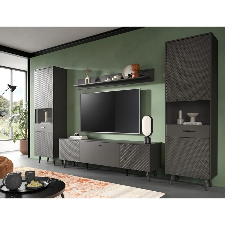 Inn. Furn Wohnwand Madea, (Schrankwand in mattem Grau, 4-teilig, 330 x 195 cm), mit Rautenfräsung, Push-To-Open – Bild 3
