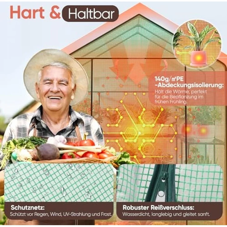 Sekey Gewächshaus 200x145x145 cm, Foliengewächshaus Stabil, Gewächshaus Balkon mit 10 Regalböden für optimales Pflanzenwachstum, Grün, XXL – Bild 4
