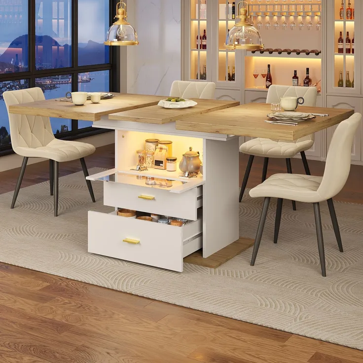 Esstisch 110/140x80x75 cm, ausziehbar mit LED-Beleuchtung, App-Steuerung und Stauraum