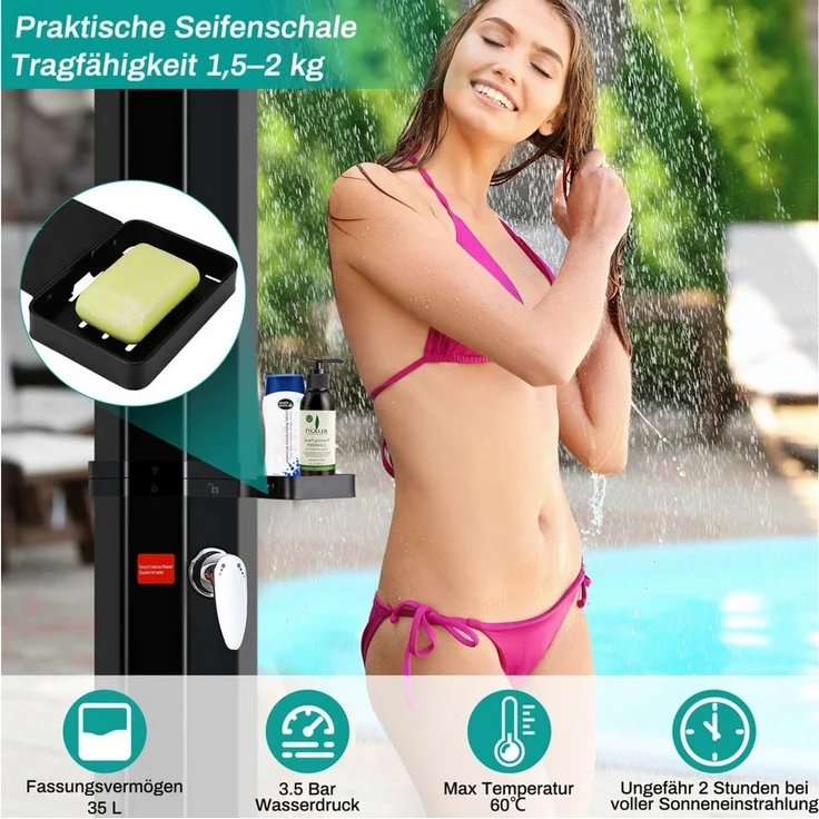 TLGREEN Gartendusche Solardusche Warmwasser bis 60°C, mit Regenduschkopf (35 L/40L/60L mit Seifenkiste & Schutzhaube, ohne Stromanschluss), Pooldusche Camping für Garten, Balkon & Pool – Bild 3
