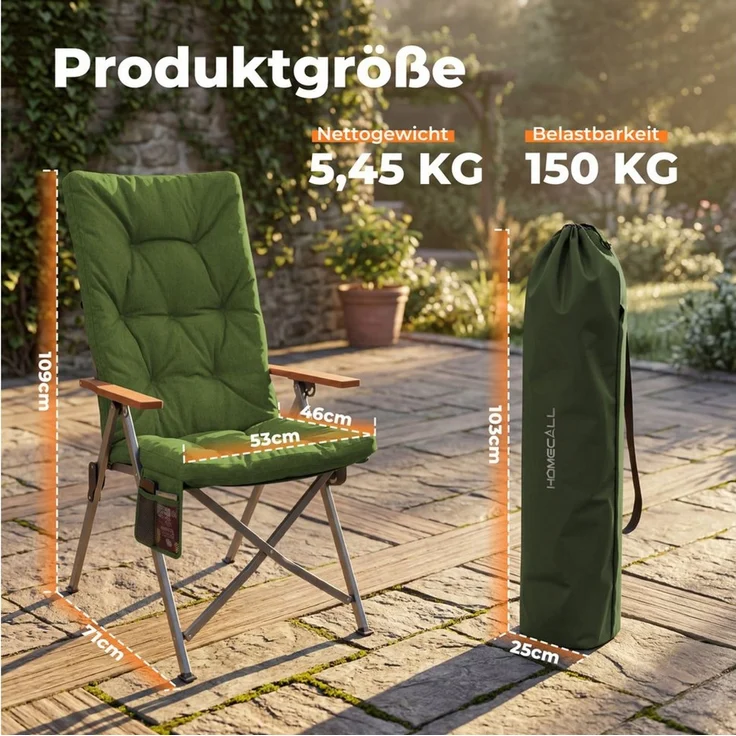 HOMECALL Campingstuhl Faltbar Hochlehner Luxus Klappstuhl mit 4,5cm Dicke Gepolstert (150kg Belastbar mit 4 Positionen Verstellbar Angelstuhl, 2 St), für Garten Balkon Wohnmobil – Bild 1