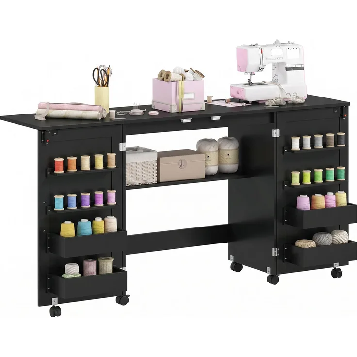 Wohnora-Klappbarer Nähtisch, Nähschrank auf Rollen, 2 Magnettüren, 4 Ablagen, 20 Haken, 160 x 40 x 83 cm, schwarz,H 830cm x T 800cm x B 400cm