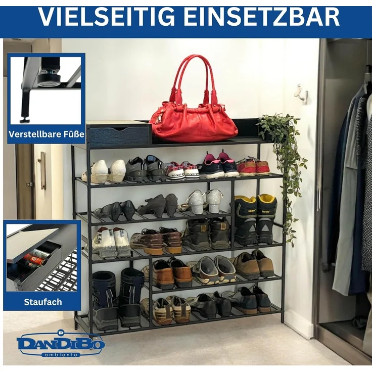 DanDiBo Schuhregal Platzsparend Metall Schwarz Modern 6 Etagen 100 cm mit Ablage Schuhständer mit Stauraum Schuhablage Schuhaufbewahrung Regal Design – Bild 3