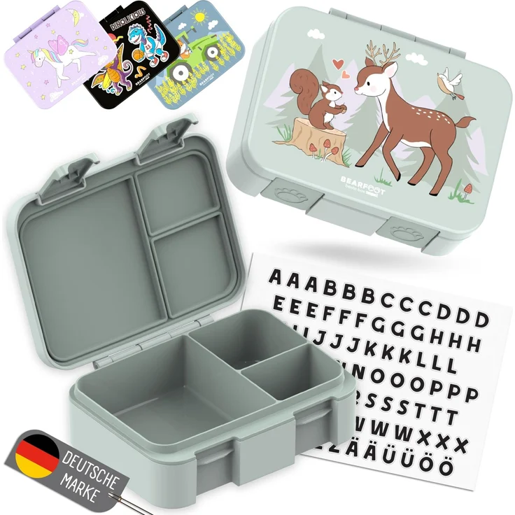 BEARFOOT Bento Box COMPACT Kinder Brotdose (Reh-grün, 650 ml) | BPA-frei, auslaufsichere Lunchbox mit Fächern, für Schule & Kindergarten, für Mädchen & Jungen, leicht & kompakt