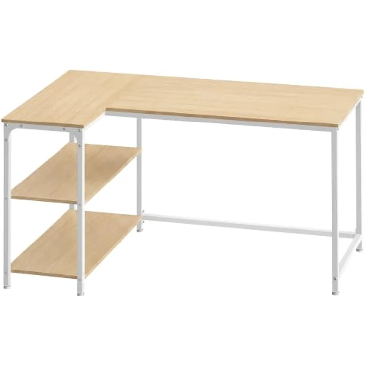 VASAGLE Eckschreibtisch in L-Form, Computertisch, 120 x 80 cm | mit Stauraum, höhenverstellbare Ablage, beidseitig montierbar, Natürliche Eiche und Mattweiss, BARNET Kollektion LWD136Y101 – Bild 1