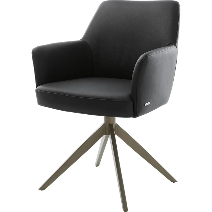 Drehstuhl Xana-Flex mit Armlehnen Echt-Leder Schwarz Kreuzgestell breit Effektfinish Titan 360° drehbar Taschenfederkern – Bild 1
