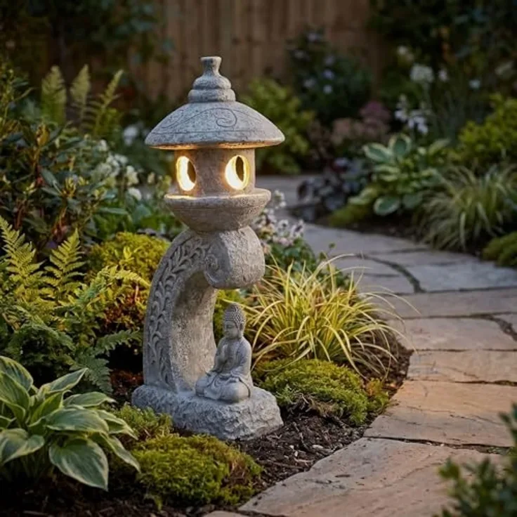 Arnusa LED Solarleuchte Pagode mit Solarlampe Kunststein 60 cm Gartendeko Laterne mit Buddha, LED fest integriert, warmweiß, Japanischer Asiatischer Stil Gartenfigur