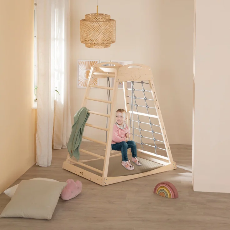 roba Montessori Indoor Spielturm inkl. 2in1 Rutsch- & Kletterbrett, Kletternetz- & Sprossenseite, Schaukel & Turnringen - Geeignet ab 24 Monaten - Belastbar bis 70 kg - Holz natur – Bild 2