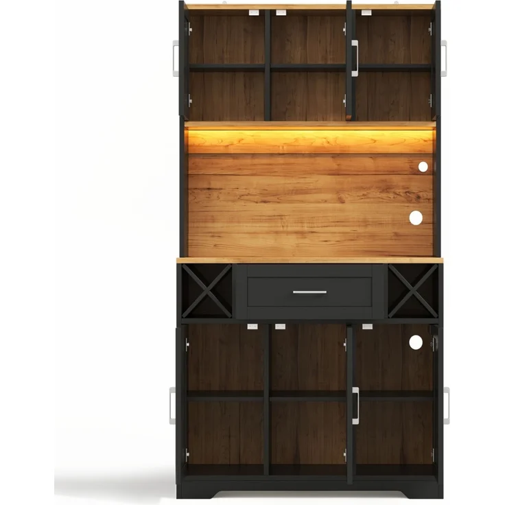 Küchenschrank, hoher Stauraumschrank mit LED-Beleuchtung, Vorratsschrank mit Weinregalen, Weinschrank & Vitrinenschrank für Wohnzimmer und Esszimmer, 180 × 105 × 40 cm--Natur1 + Schwarz--105x40x180cm--YOUDENOVA – Bild 9