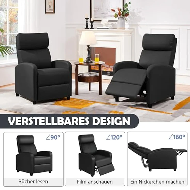 Yaheetech Relaxsessel Fernsehsessel Einzelsofa Ruhesessel mit Verstellbarer Beinablage Liegesessel aus Kunstleder Schwarz – Bild 6