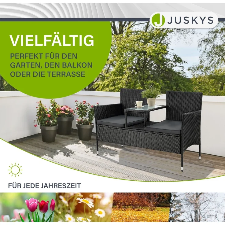 Juskys 'Monaco' 2-Sitzer Gartenbank mit Tisch und Kissen, Polyrattan schwarz, 133 × 63 × 84 cm – Bild 6