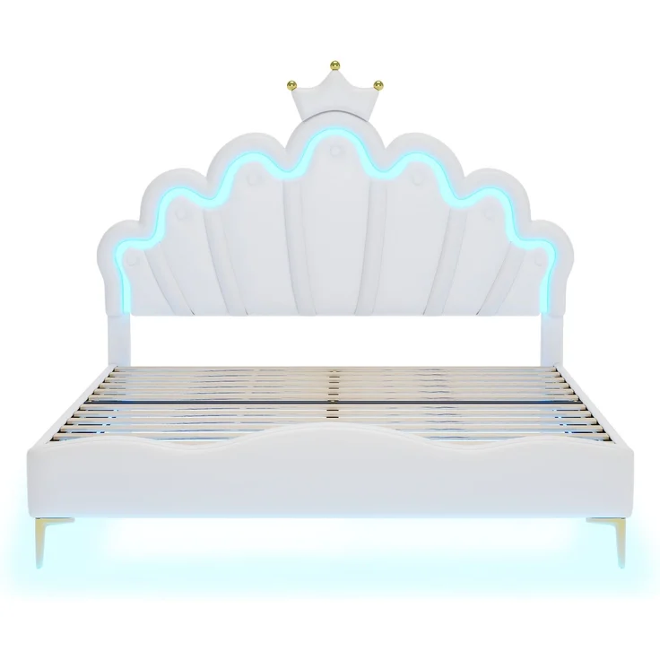 140*200cm Flaches Doppelbett, kronenförmiges Prinzessinnenbett, weiche Polsterung aus PU-Leder, verstellbarer LED-Umgebungslichtstreifen, weiß – Bild 9
