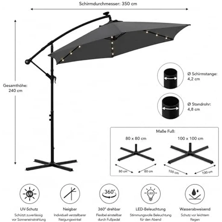 Terrassenschirm Grau Kurbelschirm 350 cm Ampelschirm LED Sonnenschutz Garten Gartenschirm Marktschirm Sonnenschirm Strandschirm 3,5 Meter Aufklappbar – Bild 3