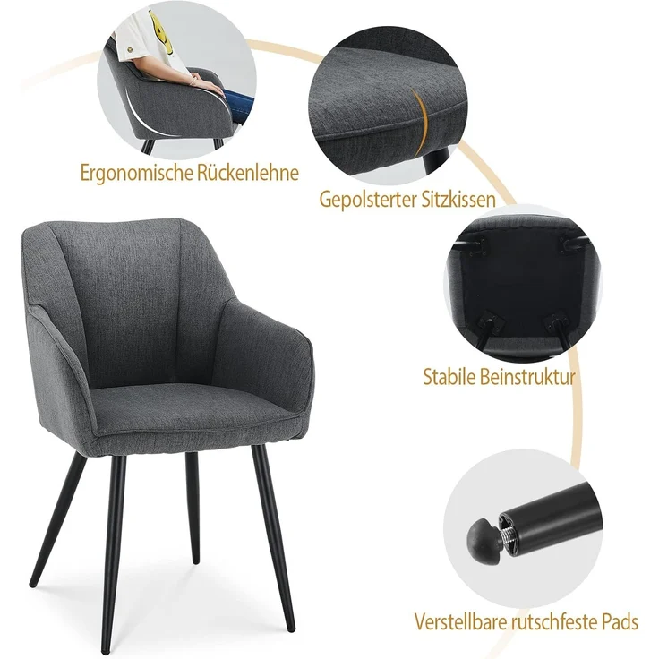 TUKAILAI Esszimmerstühle 2er Set aus Leinen,Küchenstuhl Polsterstuhl Armlehnstuhl mit Armlehnen,Rückenlehnen,weiche Sitzpolster,Metallbeinen,Modern Sessel für Küche Esszimmer Wohnzimmer,Dunkelgrau – Bild 6