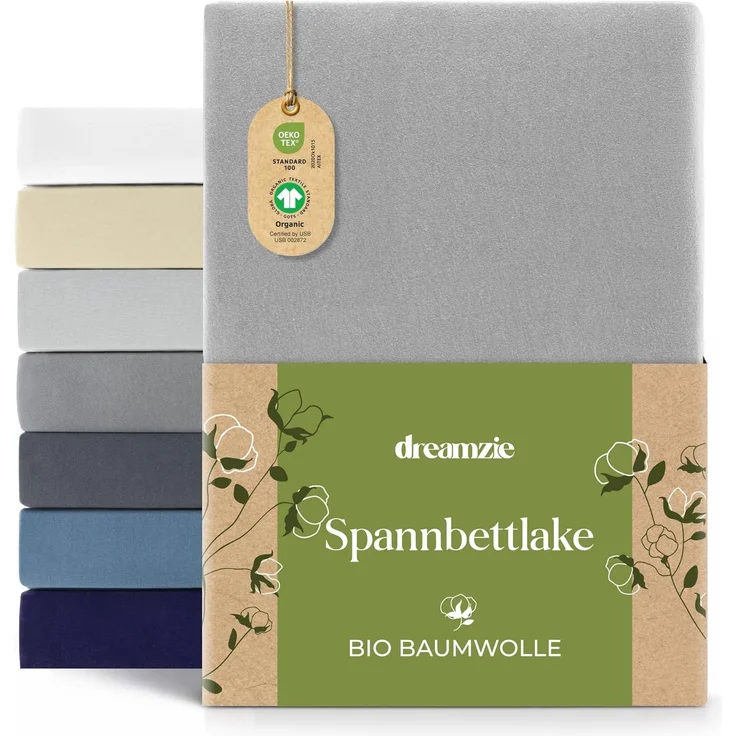 Dreamzie Premium Spannbettlaken 140x200 cm bis 160x200 cm Grau, Spannbetttuch aus 100% Jersey Biobaumwolle, 150 g/m² - Oeko-TEX
