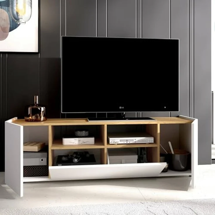 Dmora - TV-Schrank Etna, niedriges Sideboard für Wohnzimmer, TV-Sideboard für Wohnzimmer, 142x35h44 cm, Weiß und Eiche Nodi – Bild 4