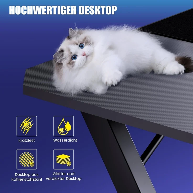 GTPLAYER Schreibtisch Gaming Tisch Schreibtisch mit Mauspad PC Tisch Kohlefaseroberfläche, Stabiler Computertisch mit Kopfhörerhaken, Schwarz – Bild 6