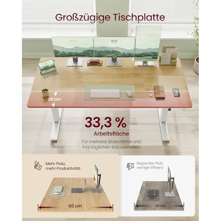 VASAGLE Höhenverstellbarer Schreibtisch, 160x80 cm, USB-C-Anschluss, Ablage für Steckdosenleiste, Stehtisch, Erinnerung bei langem Sitzen, 3 Speichertasten, für Büro, goldeichenfarben LSD146YA02 – Bild 5