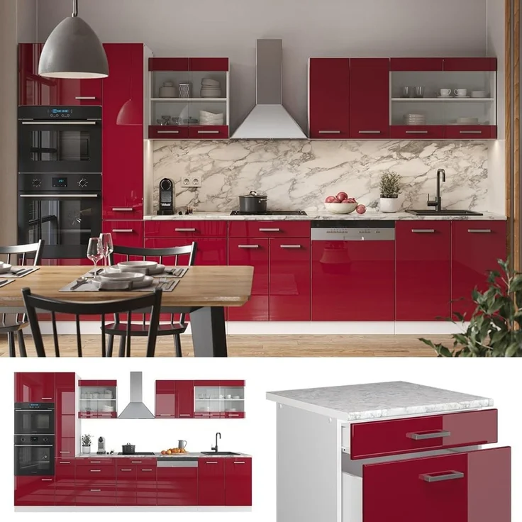 Küchenzeile R-Line Rot Hochglanz/Weiß 350 cm mit Hochschrank, ohne Arbeitsplatte Vicco – Bild 5