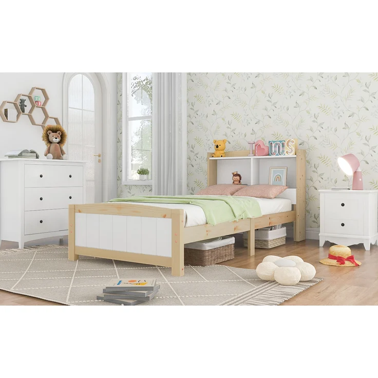 Bett 90x200 cm mit Stauraum-Kopfteil aus Massivholz, weiß – platzsparendes Einzelbett mit Lattenrost – Bild 5