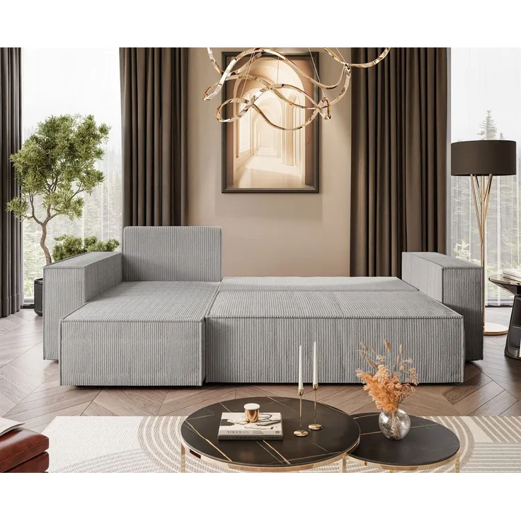 Lookway CARLOS Ecksofa L-Form, gepolstert, Cord-Stoff, mit Schlaffunktion und Bettkasten, Beige, universelle Seite