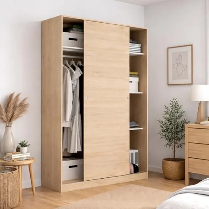 Dmora - Kleiderschrank 2 Türen Denali, Kleiderbügel für Schlafzimmer, Schiebetürenschrank, 120x50h204 cm, Eiche