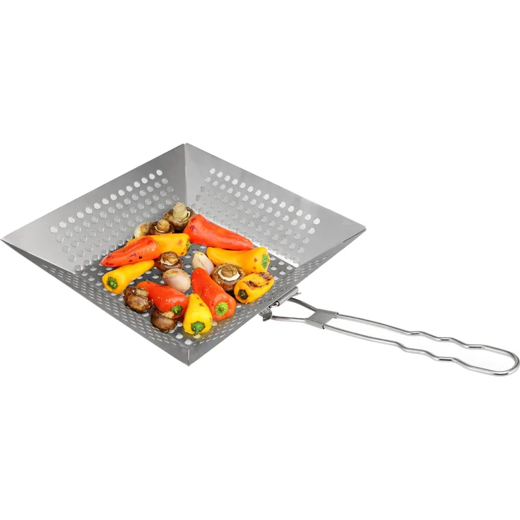 Grillpfanne quadratisch / mit Klapp-Griff / Edelstahl ca. 30,5 x 6 x 51,5 cm / Grillkorb Grillplatte