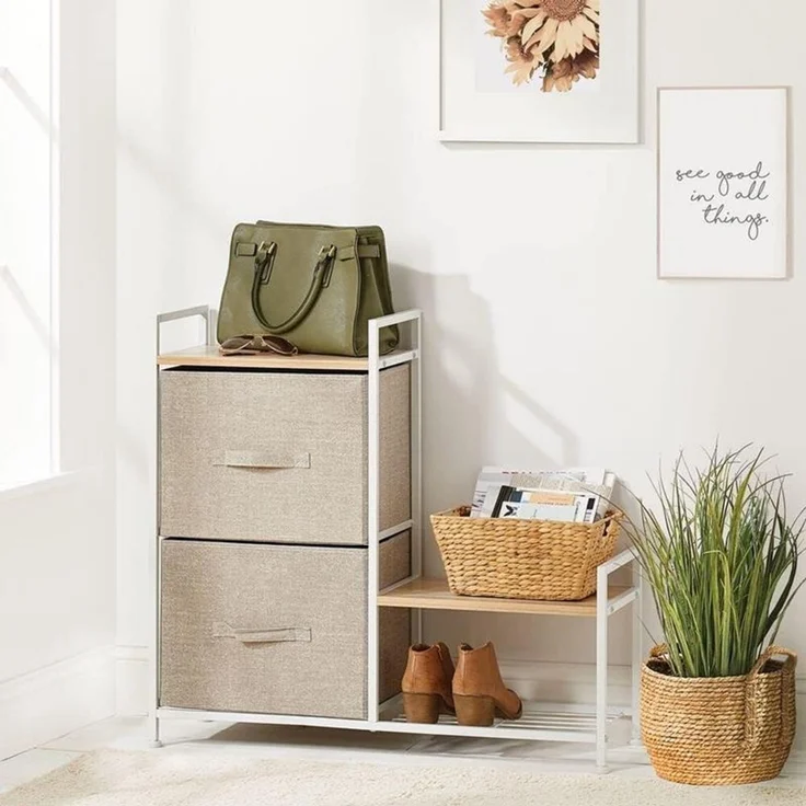 Regalsystem Schrank Holzablage mit 2 Stoffschubladen mDesign Metallrahmen beige – Bild 2