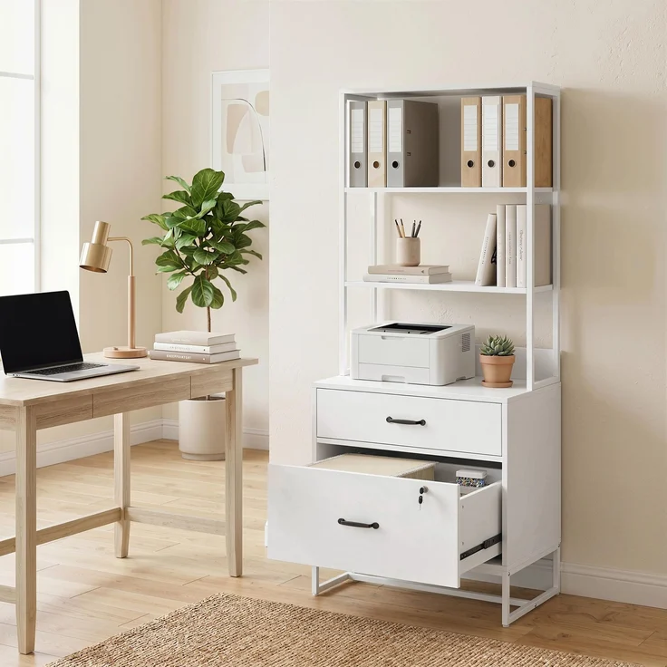 MELAYR, Aktenschrank mit Regal, 2 Schubladen, Arbeitsplatte für Drucker, 70 x 40 x 157 cm, Weiß – Bild 3