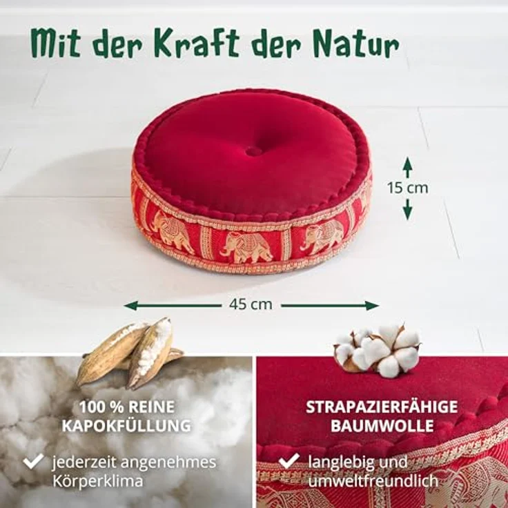 livasia Meditationskissen Zafukissen groß (Deluxe) vegan und handgefertigt, 44x15cm, Kapok – Bild 5
