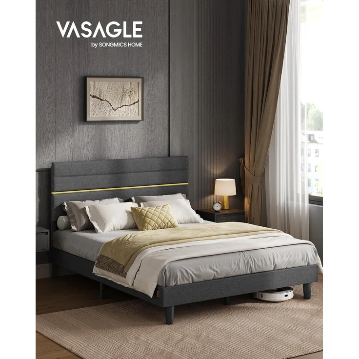 VASAGLE Doppelbettgestell, Bettgestell, passend für 160 x 200 cm Matratze, verstellbares gepolstertes Kopfteil, Bettrahmen, Metall, Massivholz – Bild 3