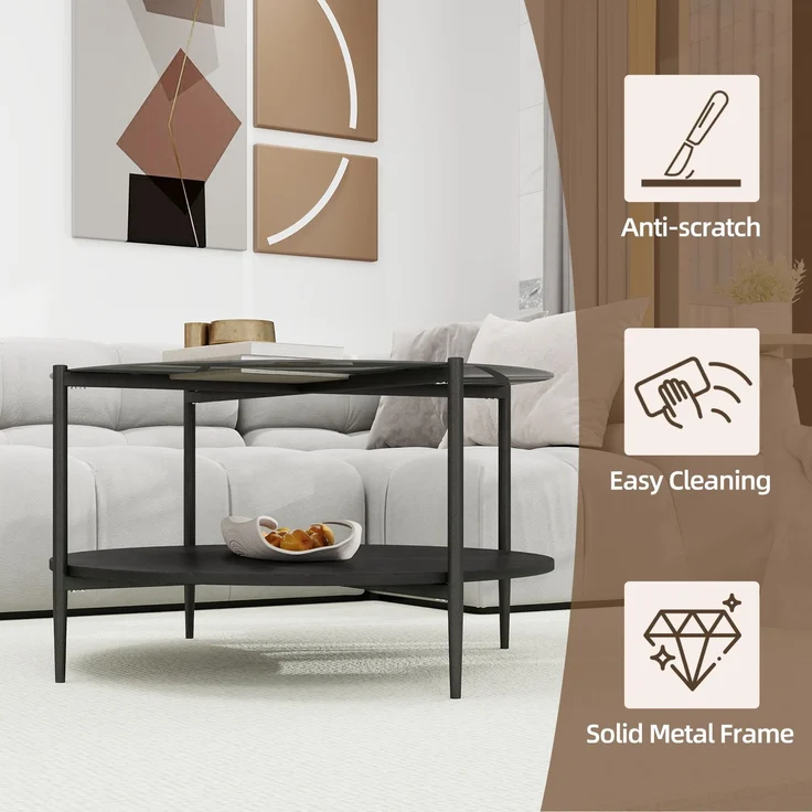 Couchtisch 82 x 82 x 45 cm, mit runder Tischplatte, mit Glastischplatte, aus Glas und Eisen und Holz, Schwarz – Bild 4