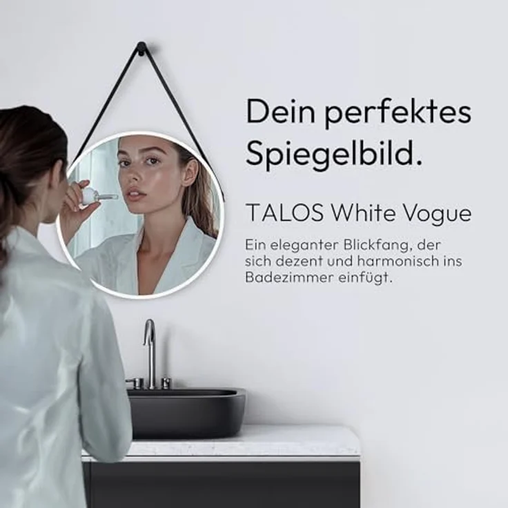 Talos Runder Wandspiegel Ø 50 cm, dekorativer Spiegel mit weiß mattem Aluminiumrahmen und Lederoptik-Aufhängung – Bild 2