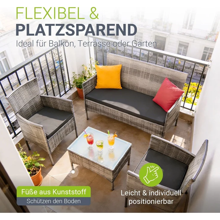 Juskys Polyrattan Gartenmöbel-Set Fort Myers grau-meliert inkl. Abdeckung – Sitzgruppe mit Tisch, Sofa & 2 Stühlen - Balkonmöbel für 4 Personen mit grauen Auflagen – Bild 4
