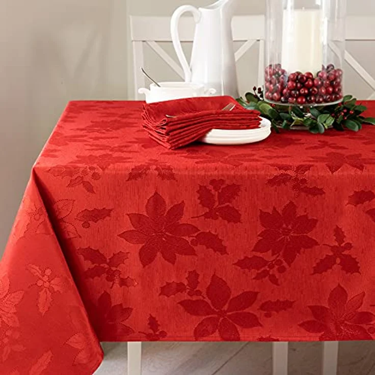 Benson Mills Damast-Tischdecke mit Weihnachtssternmotiv, für Weihnachten, Winter und Urlaub, Rot, 152,4 x 304,8 cm, rechteckig – Bild 1