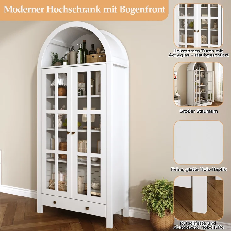 Moderner bogenförmiger Standhochschrank mit mehreren Regalebenen & Schublade – Multifunktionale Vitrine & Regalschrank mit höhenverstellbaren Einlegeböden für Wohnzimmer, Arbeitszimmer und Esszimmer--Weiß--75x35x170.5cm--YOUDENOVA – Bild 10