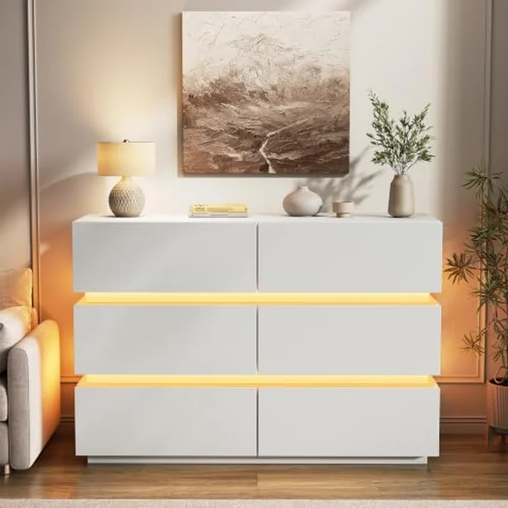 Jocoevol Kommode mit LED-Lichtstreifen, Schubladenschrank mit 6 Schubladen | Moderner Sideboards Wohnzimmer mit Kippsicherung, Verstellbare LED-Leuchten für Wohnzimmer Schlafzimmer, 120x78x38cm, Weiß – Bild 6