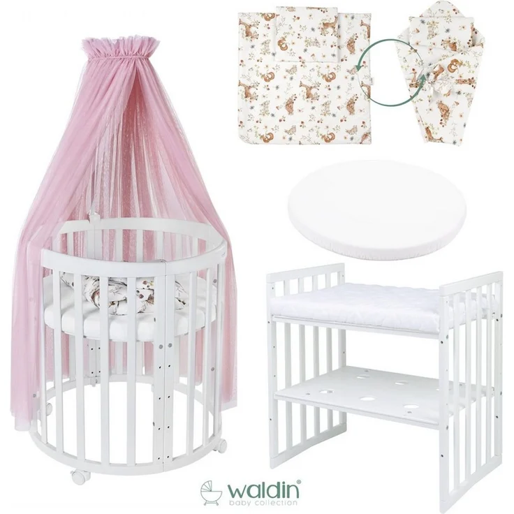 Waldin Babybett Oval 7in1 mitwachsend, Beistellbett, Matratze, Rollen, Buche, Weiß – Bild 3