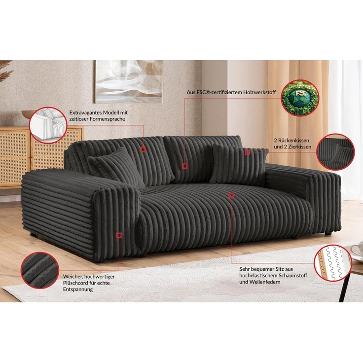 S-Style Möbel 3-Sitzer Sofa Mollis aus Plüschcord mit hohem Sitzkomfort, mit Wellenfederung – Bild 4