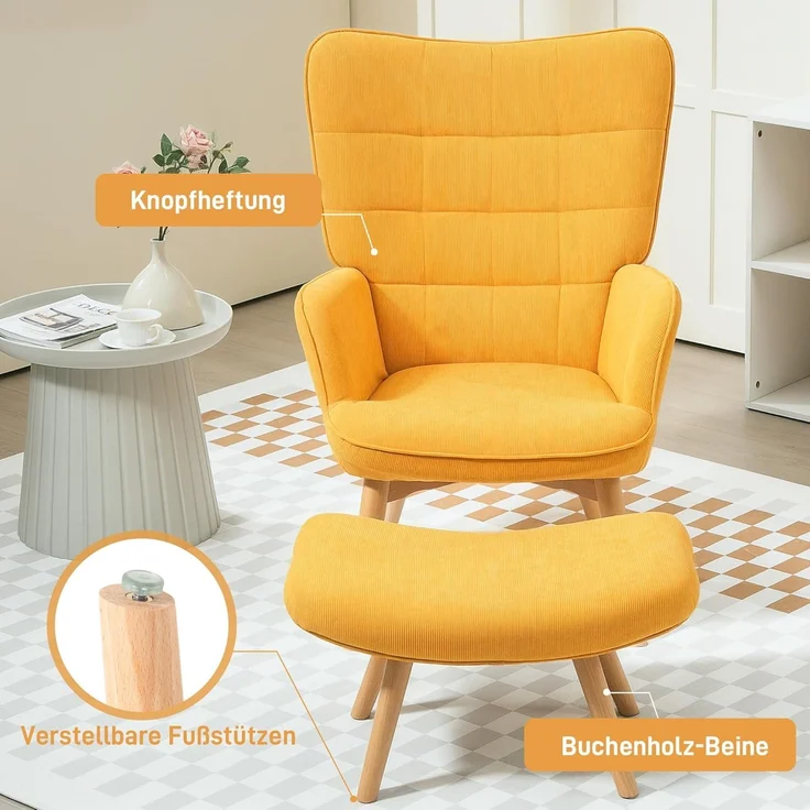 HOMCOM Relaxsessel mit Hocker, Kordoptik, Holzbeine (Ohrensessel, 2-St, Polstersessel), für Wohnzimmer, Orange – Bild 5