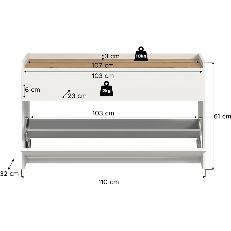Schuhkommode B/H/T: 61x110x32 cm in weiß Nachbildung und Artisan Oak Nachbildung – Bild 4