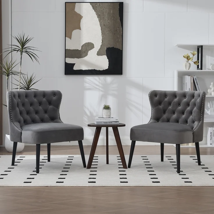 LVHOM Polsterstuhl aus Samt, Esszimmerstühle mit Knopfheftung, ohne Armlehnen, Massivholz Beine, Für Wohnzimmer, Büro & Schlafzimmer, Grau – Bild 10