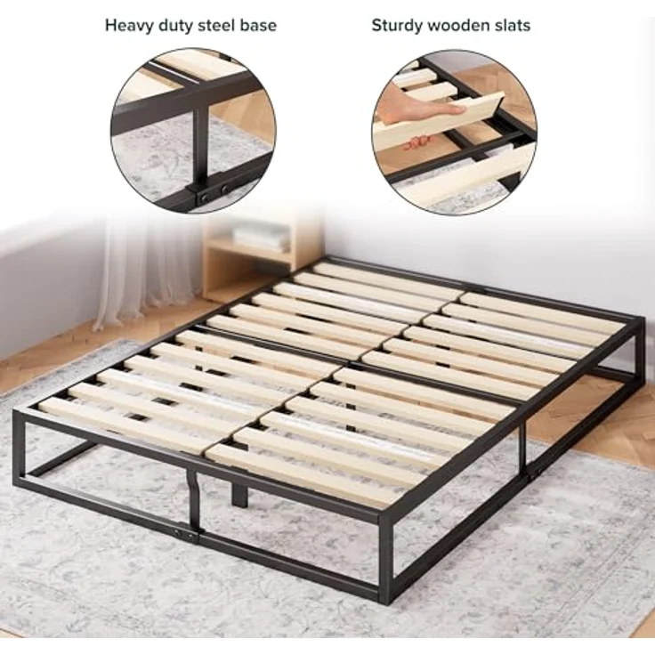 Zinus Joseph Bett 150x190 cm - Höhe 25 cm mit Stauraum unter dem Bett - Metall-Plattform-Lattenrost mit Holzlattenhalter - Schwarz – Bild 9